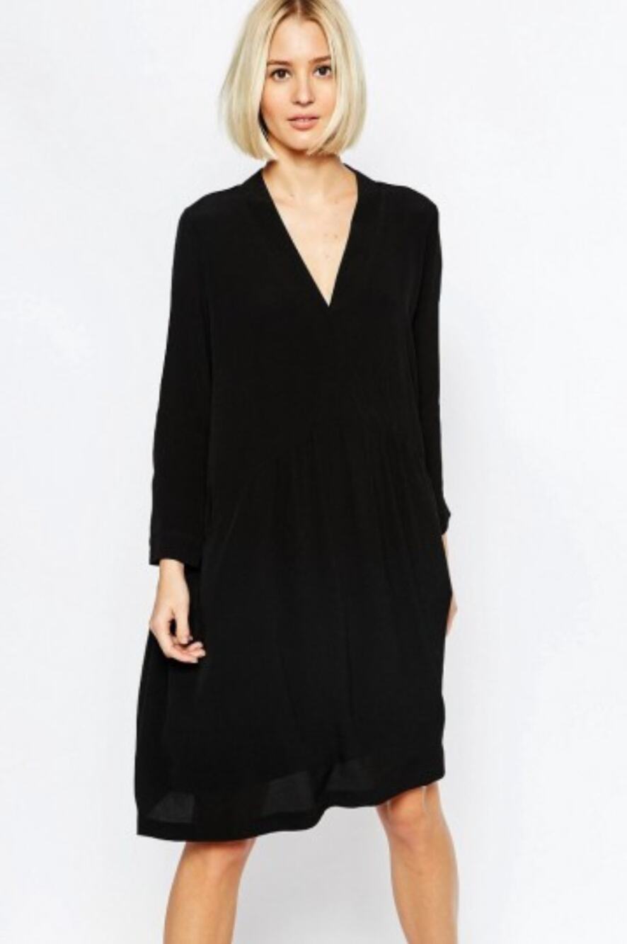 Just Female Black Crepe Lola Smock Dress Long Sleeves Relaxed Fit Pockets